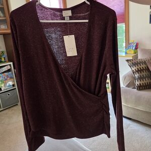 New A New Day Overlap V-Neck Long Sleeve gold Glitter purple/maroon Pullover.